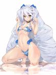  :o barefoot big_hair bikini breasts collar drill_hair ganida_boushoku groin highleg highleg_bikini highleg_swimsuit kyoukaisenjou_no_horizon long_hair nate_mitotsudaira navel o-ring o-ring_bikini one_knee parted_lips paw_pose reflection reflective_floor silver_hair small_breasts solo swimsuit thick_thighs thighs triangle_mouth yellow_eyes 