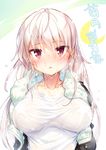  alternate_breast_size blush breasts commentary kantai_collection kikuzuki_(kantai_collection) large_breasts long_hair looking_at_viewer older red_eyes shirt solo towel towel_around_neck translated wet wet_clothes wet_hair white_hair white_shirt yuasa_makoto 