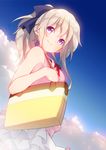  bag blue_eyes casual charlotte_(anime) from_below highres long_hair mido_(mimizuku-hukuro) ponytail silver_hair smile solo tomori_nao 