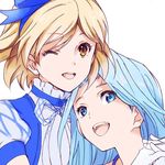  :d ;d alternate_costume blonde_hair blue_eyes blue_hair blue_ribbon djeeta_(granblue_fantasy) gb_hm granblue_fantasy hair_ribbon hairband kimi_to_boku_no_mirai long_hair lowres lyria_(granblue_fantasy) multiple_girls one_eye_closed open_mouth orange_eyes puffy_short_sleeves puffy_sleeves ribbon short_hair short_sleeves simple_background smile teeth white_background 