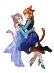  absurdres animal_ears anna_(frozen) blonde_hair blush cat_ears cat_tail couple elsa_(frozen) eye_contact frozen_(disney) hands_on_shoulders high_heels highres hug incest kemonomimi_mode looking_at_another m_yin multiple_girls orange_hair siblings simple_background sisters sitting sitting_on_lap sitting_on_person smirk straddling tail white_background yuri 