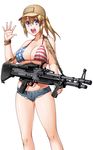  american_flag american_flag_bikini bikini bikini_top blonde_hair blue_eyes blush breasts byeontae_jagga cleavage cutoffs denim denim_shorts flag_print gun hat highres large_breasts long_hair m60 machine_gun open_fly open_hand open_mouth ponytail shiny shiny_skin short_shorts shorts simple_background skindentation smile solo swimsuit weapon wristband 