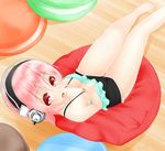  bare_legs barefoot blush breasts cleavage commentary_request food headphones large_breasts long_hair looking_at_viewer nitroplus open_mouth pink_hair popsicle red_eyes solo super_sonico yamaishi_nohi 