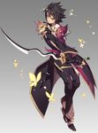  black_footwear black_hair black_pants bug butterfly elsword full_body gloves grey_background insect male_focus pants pika_(kai9464) raven_(elsword) serious shoes solo spiked_hair sword weapon yellow_eyes 