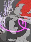  breasts cleavage fire granblue_fantasy grey_background heart heart_of_string lady_grey large_breasts mature miwayama parted_lips red_eyes red_hair short_hair simple_background skeleton smile solo spot_color upper_body 