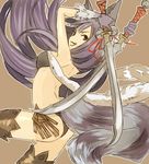  :3 :d advent-lezard animal_ears arms_behind_head arms_up ass bare_shoulders black_gloves brown_background erune fang fox_ears fox_tail from_behind gloves granblue_fantasy holding holding_sword holding_weapon long_hair looking_back open_mouth outline purple_hair red_eyes simple_background smile solo sword tail thighhighs v-shaped_eyebrows weapon yuel_(granblue_fantasy) 