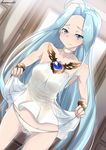  ahoge artist_name ass_visible_through_thighs blue_eyes blue_hair blush cameltoe choker dress dress_lift dutch_angle gem granblue_fantasy highres kurosawa_shouichi long_hair lyria_(granblue_fantasy) panties pussy_juice see-through_silhouette solo strapless strapless_dress tears underwear very_long_hair white_dress white_panties 