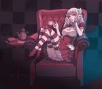  animal_ears armchair ass book breasts chair checkered checkered_background cleavage cup drill_hair full_body goat_girl hand_in_hair high_heels highres horns kettle knees_up large_breasts long_hair original puffy_sleeves saba_no_misoni_(doddosi) shoes sitting skirt socks solo striped striped_legwear teacup teapot 