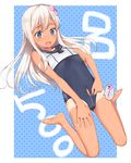  asahina_hikage bare_legs barefoot blonde_hair blue_eyes blush commentary_request crop_top flower hair_flower hair_ornament kantai_collection long_hair one-piece_tan open_mouth ro-500_(kantai_collection) sailor_collar school_swimsuit solo swimsuit swimsuit_under_clothes tan tanline unzipping zipper 