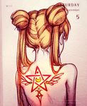  back_tattoo bad_revision bishoujo_senshi_sailor_moon blonde_hair crescent double_bun from_behind hair_over_shoulder long_hair md5_mismatch nape nude pentagram qinni solo tattoo traditional_media tsukino_usagi twintails upper_body watermark web_address 