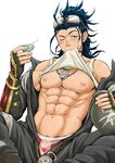  abs bara belt black_hair brown_eyes choko_(cup) cup draw_two fingerless_gloves food_print gloves goggles goggles_on_head gourd grin jewelry male_focus mouth_hold muscle necklace nihongou_(touken_ranbu) nipples one_eye_closed open_clothes ponytail shirt_lift smile solo strawberry_print touken_ranbu underwear 