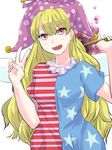  american_flag american_flag_dress blonde_hair blush clownpiece fairy_wings hat hineko jester_cap long_hair looking_at_viewer open_mouth polka_dot red_eyes simple_background smile solo star striped torch touhou v very_long_hair wings 