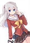  blue_eyes camcorder charlotte_(anime) highres koga_rejini long_hair looking_at_viewer school_uniform serafuku silver_hair smile solo tomori_nao two_side_up 