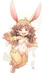  :d animal_ears anklet bikini bracelet brown_hair buck_teeth bunny_ears eyebrows_visible_through_hair flat_chest fur furry harem_outfit highres jewelry kito_(sorahate) long_hair looking_at_viewer navel o-ring open_mouth original outstretched_arms paws red_eyes smile solo swimsuit thick_eyebrows 