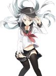  adjusting_clothes adjusting_hat black_legwear blue_eyes chibirisu hat hibiki_(kantai_collection) highres kantai_collection long_hair open_mouth panties school_uniform serafuku silver_hair skirt solo thighhighs underwear white_panties 