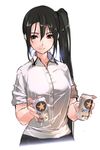  akasaai alternate_costume beer_can black_hair brown_eyes can casual kantai_collection nachi_(kantai_collection) side_ponytail simple_background smile solo white_background 