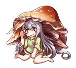  ahoge bangs bare_legs blush bow chibi cosplay full_body granblue_fantasy green_shirt grey_eyes grey_hair hair_between_eyes hair_bow hoshi_shouko huge_ahoge idolmaster idolmaster_cinderella_girls long_hair long_sleeves mushroom mushroom_girl open_mouth pink_bow shirt shirt_pull sitting sleepy_(granblue_fantasy) sleepy_(granblue_fantasy)_(cosplay) smile solo sore_(whirlwind) transparent_background very_long_hair wariza 