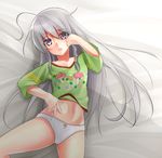  ahoge braid food_print front-print_panties green_shirt hoshi_shouko idolmaster idolmaster_cinderella_girls long_hair looking_at_viewer lying mushroom_print navel no_pants on_back open_mouth panties pink_eyes print_panties print_shirt shirt silver_hair solo sonyntendo underwear white_panties 