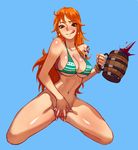  1girl bottomless bra brown_eyes drink earrings jewelry kneeling looking_at_viewer nami nami_(one_piece) navel one_piece orange_hair pussy shanabi shiny_skin simple_background solo tattoo tongue_out uncensored underwear 