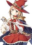  arcane_sword_(granblue_fantasy) belt black_legwear blush cape djeeta_(granblue_fantasy) elbow_gloves feathers gloves granblue_fantasy hat hat_feather holding holding_sword holding_weapon lace lace-trimmed_skirt light_brown_eyes light_brown_hair masuishi_kinoto pantyhose red_skirt short_hair simple_background skirt skirt_set smile solo sword weapon white_background white_gloves 