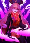  1girl absurdres black_dress blonde_hair chinese_clothes dress evil_smile fox_tail gradient gradient_background hat highres junko_(touhou) long_hair long_sleeves looking_at_viewer multiple_tails one_eye_closed open_mouth pink_eyes ribbon sash smile solo tabard tail touhou wide_sleeves 