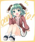  :d animal_ears blush catchphrase dog_ears dress green_eyes green_hair highres kasodani_kyouko kibisake open_mouth shirt short_hair sitting skirt smile solo touhou 