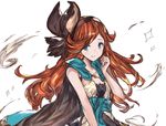  bare_shoulders blue_eyes breasts cape cleavage collarbone granblue_fantasy hairband long_hair looking_away looking_to_the_side moko_(alice) red_hair sara_(granblue_fantasy) simple_background small_breasts smile solo sparkle upper_body white_background wind 