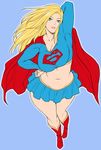  arm_up armpits blonde_hair blue_background boots breasts cape cleavage dc_comics full_body green_eyes hand_on_hip large_breasts long_hair looking_at_viewer midriff navel red_footwear shouji_nigou simple_background smile solo supergirl thighhighs 