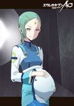  1girl absurdres aqua_hair belly blue_hair body_suit bodysuit bones_(company) breasts covered_navel datenaito eureka eureka_seven eureka_seven_(series) eureka_seven_ao facial_mark facing_away forehead forehead_mark fukai_ao grey_background hair_clip hair_ornament hand_on_own_stomach highres huge_filesize insignia interior leggings lens_flare letterboxed light light_smile looking_at_viewer mother navel older outie_navel perky_breasts porthole pregnant purple_eyes room science_fiction short_hair smile solo spoilers uniform window 