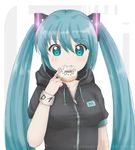  1girl aqua_eyes aqua_hair collarbone donut female hair_ornament hatsune_miku hood long_hair looking_at_viewer mouth_hold novcel short_sleeves simple_background smile solo twintails vocaloid white_background 