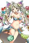  anklet antenna_hair apple armlet barefoot bikini blonde_hair blue_bikini blush breasts cleavage covered_nipples crystal cupping_glass de_la_fille earrings food fruit gradient_hair granblue_fantasy grapes green_eyes green_hair groin jewelry leg_up lime_(fruit) long_hair medium_breasts multicolored_hair navel open_mouth pink_hair showgirl_skirt solo strapless swimsuit twintails wansuro 