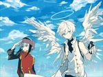  akina422 angel_wings cloud day feathers halo highres male_focus multiple_boys short_hair sky smile white_hair wings 