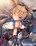  animal_costume ass bare_shoulders belt blonde_hair blue_eyes bow bowtie cable fingerless_gloves from_above fukai_ryousuke gloves goggles goggles_on_head granblue_fantasy grin heart looking_at_viewer one_eye_closed outstretched_arm penguin_costume pengy_(granblue_fantasy) short_hair short_twintails smile solo sweat twintails utility_belt 