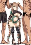  2boys absurdly_long_hair asanagi bangs blush braid breasts carmelina_(granblue_fantasy) contrapposto covered_nipples curvy draph dress eyebrows eyebrows_visible_through_hair fang granblue_fantasy green_dress green_eyes hair_ornament hand_on_another's_head hand_on_another's_leg height_difference hetero high_heels highres horn_grab horns huge_breasts jpeg_artifacts light_brown_hair long_hair long_sleeves looking_up midriff multiple_boys navel navel_cutout open_mouth pigeon-toed pointy_ears shadow short_dress simple_background size_difference smile solo_focus standing tareme thick_thighs thighhighs thighs twin_braids underboob underboob_cutout very_long_hair white_background wide_hips you_gonna_get_raped zettai_ryouiki 