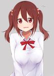 akky_(akimi1127) blush breasts brown_eyes brown_hair ebina_nana highres himouto!_umaru-chan large_breasts long_hair looking_at_viewer open_mouth red_eyes school_uniform shirt solo taut_clothes taut_shirt twintails wavy_mouth 