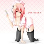  all_fours blush breasts cleavage commentary_request hat headphones large_breasts long_hair looking_at_viewer nitroplus nurse nurse_cap pink_hair red_eyes smile solo super_sonico syringe thighhighs yamaishi_nohi 