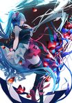  7th_dragon_(series) 7th_dragon_2020 7th_dragon_2020-ii absurdly_long_hair aqua_hair closed_eyes floating_hair hatsune_miku headphones highres long_hair open_mouth petals ping_(0723) skirt solo thighhighs twintails very_long_hair vocaloid 