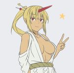  alternate_hairstyle bare_shoulders blonde_hair breasts detached_sleeves hair_ornament hair_stick horn hoshiguma_yuugi large_breasts looking_at_viewer no_bra oni_horns open_clothes open_shirt pointy_ears ponytail red_eyes shirt solo star touhou toujou_(toujou_ramen) upper_body v white_shirt 