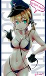  bikini blonde_hair breasts franz_(217franz) german germany gloves green_eyes hat headphones highres kantai_collection large_breasts long_hair peaked_cap prinz_eugen_(kantai_collection) smile solo string_bikini swimsuit totenkopf twintails 