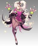  black_footwear black_gloves brown_legwear bug butterfly butterfly_hair_ornament elsword eve_(elsword) expressionless full_body gloves grey_background hair_ornament insect legs long_hair pantyhose pika_(kai9464) purple_skirt see-through shoes side_ponytail skirt solo standing standing_on_one_leg white_hair yellow_eyes 
