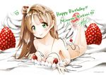  :p barefoot blush breasts brown_hair chocolate cleavage collarbone cream food fruit green_eyes hair_ornament hairclip happy_birthday legs_up long_hair love_live! love_live!_school_idol_project lying medium_breasts minami_kotori miringx2 nude on_stomach smile solo strawberry the_pose tongue tongue_out 
