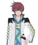  artist_request asbel_lhant blue_eyes brown_hair coat cowboy_shot hand_on_hip male_focus official_art shirt smile solo tales_of_(series) tales_of_graces white_background 