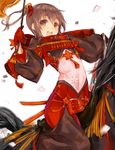  :d armor armored_dress bad_id bad_pixiv_id blush brown_eyes brown_hair commentary_request flat_chest floral_print gloves hair_ornament inayama japanese_clothes looking_at_viewer open_mouth red_gloves riding sengoku_bushouki_muramasa short_hair smile solo 