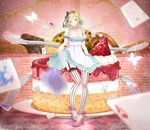  akatsuki_rokino analog_clock apron aqua_dress aqua_eyes black_bow blue_eyes bow breasts brick_wall bug butterfly cake card checkered checkered_floor cleavage clock collarbone cookie detached_sleeves dress dress_lift eat_me_(vocaloid) flag food fork frilled_dress frills fruit garter_straps green_hair gumi hair_bow hairband head_tilt high_heels highres in_food insect lace lace-trimmed_thighhighs light_particles long_legs looking_at_viewer medium_breasts minigirl motion_blur oversized_object parted_lips pennant pink_footwear plate playing_card puffy_short_sleeves puffy_sleeves ribbon shoes short_hair short_sleeves sitting solo sponge_cake strapless strapless_dress strawberry string_of_flags striped striped_legwear sweets thighhighs twitter_username vertical-striped_legwear vertical_stripes vocaloid 