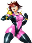  blue_eyes bodysuit breasts brown_hair cameltoe covered_nipples earrings fighting_stance g_gundam gundam jewelry large_breasts mobile_trace_suit onsoku_maru pink_bodysuit rain_mikamura simple_background skin_tight solo thighs white_background 