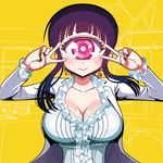  :&gt; animated animated_gif breasts cleavage cyclops glowing glowing_eye hitomi_sensei_no_hokenshitsu labcoat looking_at_viewer manaka_hitomi monster_girl one-eyed purple_hair shake-o solo v 