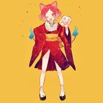  ;d animal_ears bad_id bad_pixiv_id blue_fire cat_ears cat_paws fire full_body japanese_clothes jibanyan kimono looking_at_viewer lunch_(lunchicken) multiple_tails notched_ear one_eye_closed open_mouth paws personification red_eyes short_hair simple_background smile solo tail tail-tip_fire two_tails yellow_background yellow_eyes youkai_watch 
