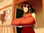  bad_proportions bare_shoulders breast_rest breasts breasts_on_tray brown_eyes brown_hair carried_breast_rest china_dress chinese_clothes covered_nipples dress gigantic_breasts helmet_(touhu812) long_hair open_mouth original puffy_nipples solo tray 
