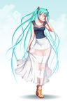  aqua_eyes aqua_hair ass_visible_through_thighs blush breasts collarbone commentary_request contrapposto covered_navel feet fingernails full_body gradient gradient_background gradient_hair green_hair hair_ornament hatsune_miku high_heels highres legs long_hair long_legs long_skirt looking_at_viewer medium_breasts multicolored multicolored_eyes multicolored_hair nail_polish open_toe_shoes purple_eyes sandals see-through shirt shoes skirt skirt_hold smile solo standing strappy_heels toenail_polish toenails toes twintails very_long_hair vocaloid white_skirt wokada 