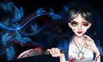  alice:_madness_returns alice_(wonderland) alice_in_wonderland american_mcgee&#039;s_alice american_mcgee's_alice black_hair blood butterfly gradient gradient_background green_eyes knife lipstick makeup solo wink 